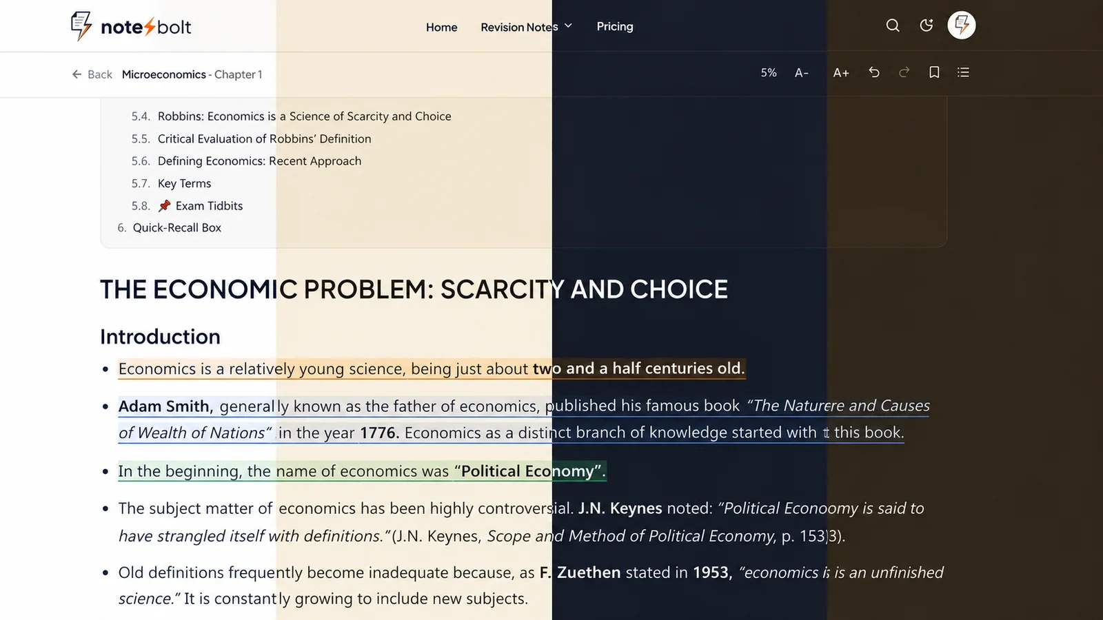 The same NotesBolt chapter shown in all four reading modes — light, sepia, dark and warm dark — with highlighted lines