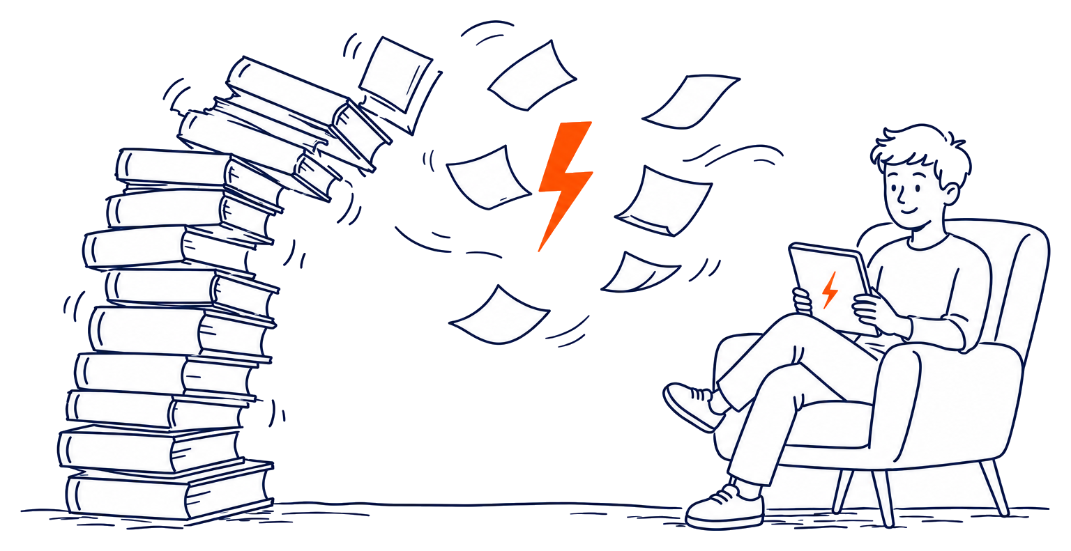 Student calmly reading exam-ready notes on a tablet as a stack of heavy books bursts into pages